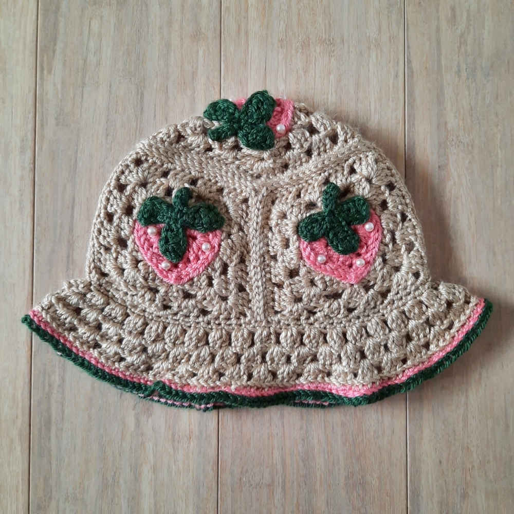 Crochet Cottagecore Strawberries Bucket Hat in Pink & Beige